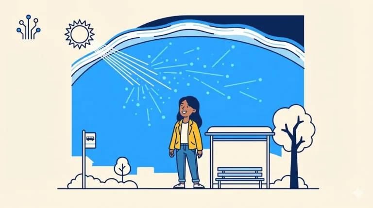 A woman in a yellow jacket stands at a bus stop, smiling as she looks up at an illustration of sunlight hitting the atmosphere and scattering into blue light rays and particles, with the science circuit icon in the top left.