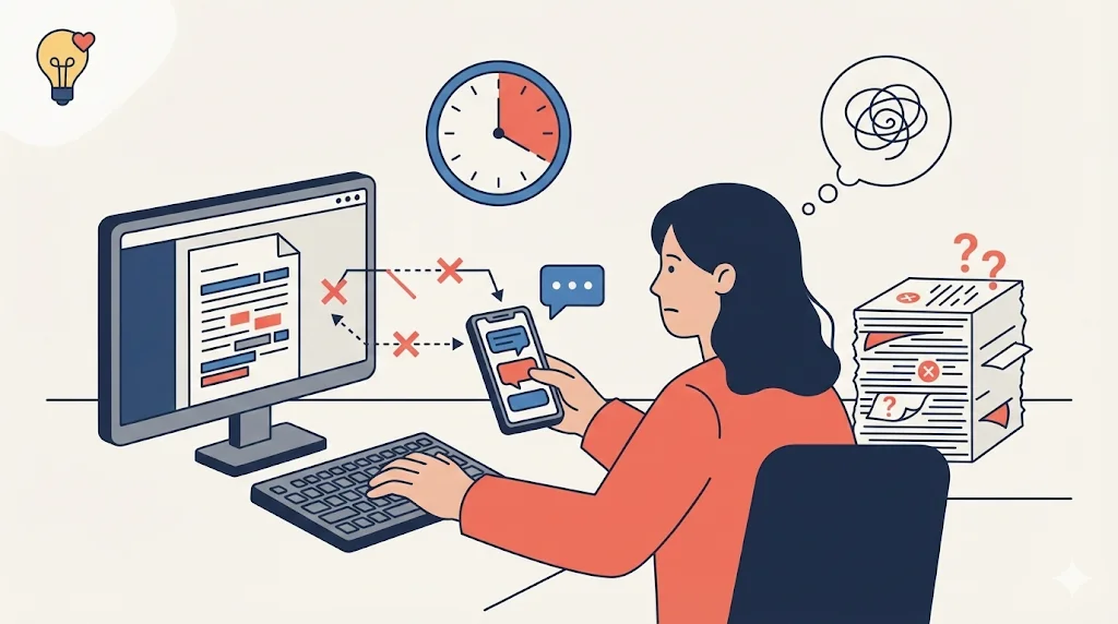 A stressed woman at a desk inefficiently switches between a computer and a phone, illustrated with a messy thought bubble and errors, under the Mind & Habits lightbulb icon.