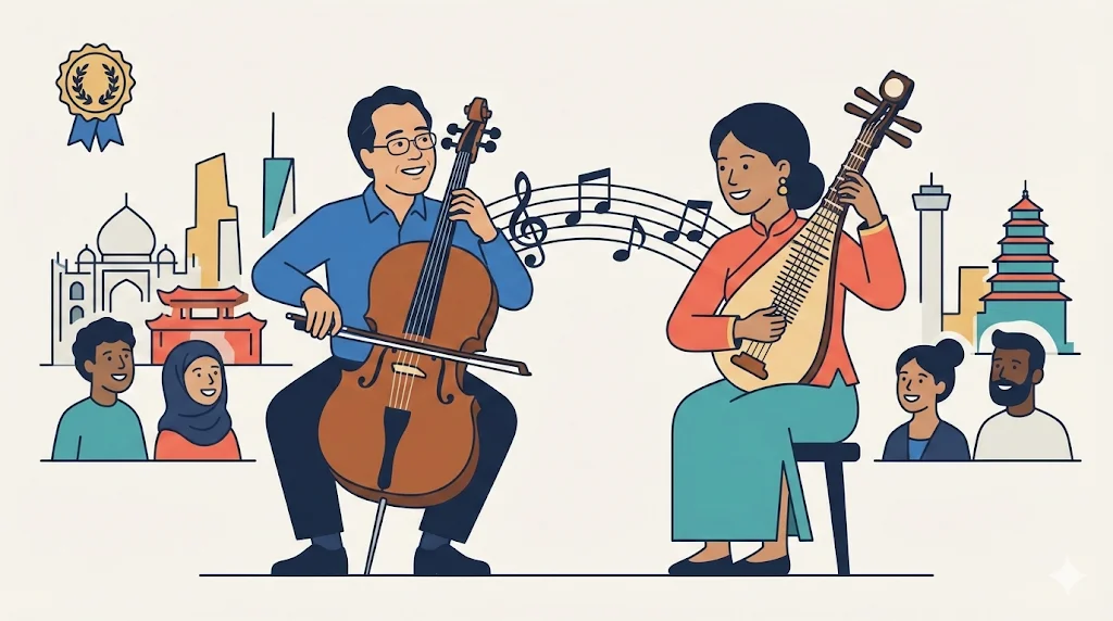 Cellist Yo-Yo Ma and a pipa player collaborate under a laurel medal icon, with music notes bridging diverse cultures and landmarks in this flat vector illustration.